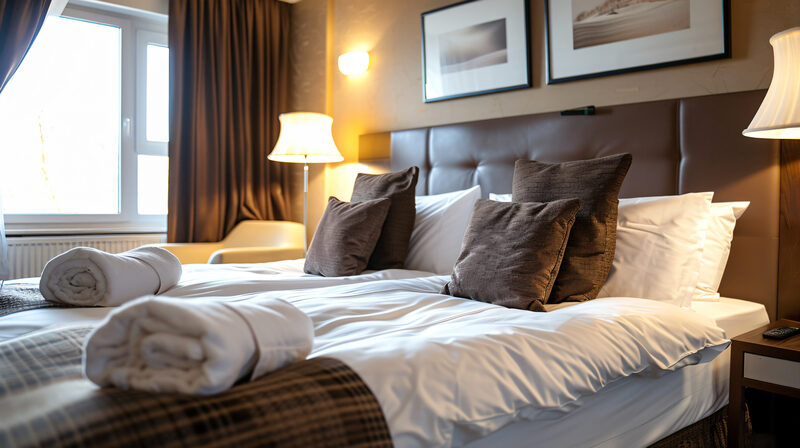 Svit med stort sovrum och detaljer i trä och linne.