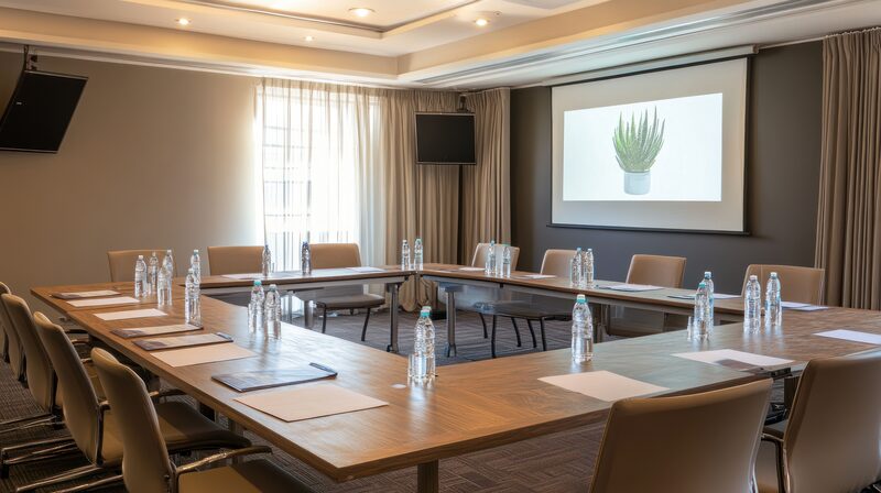 Mötesrum med presentationstavla och mjuka stolar.