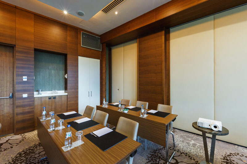 Konferensrum med rader av stolar för föredrag.